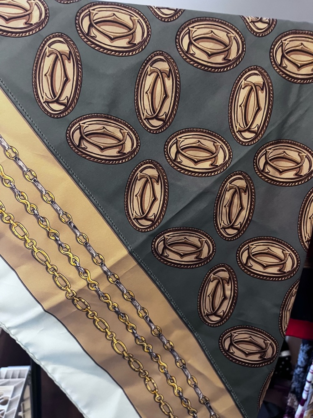 Cartier Silk Scarf in Dusty Blue & Gold Authentic very large wrap. Vintage silk